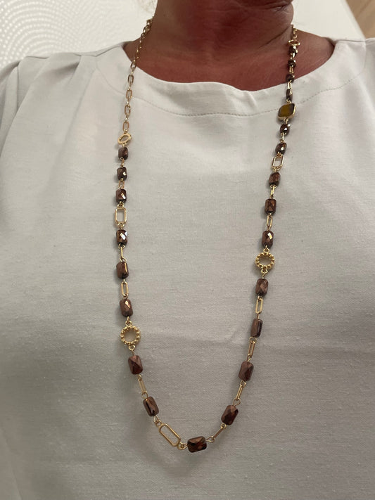 Ketting lang goud/schakel/steen bruin