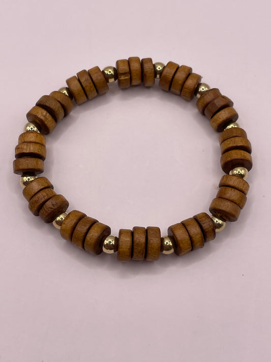 Stretch armband wood bruin/gold